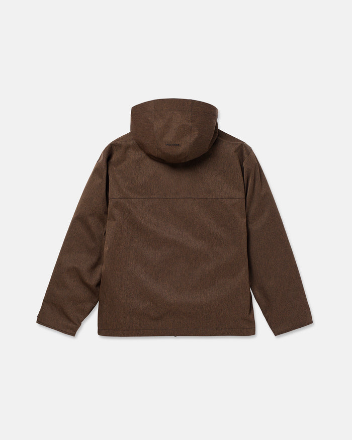 The Volcom Men’s Top Stitch Jacket is displayed from the back on a plain white background, featuring a brown color, baggy fit, long sleeves, and a straight hem.
