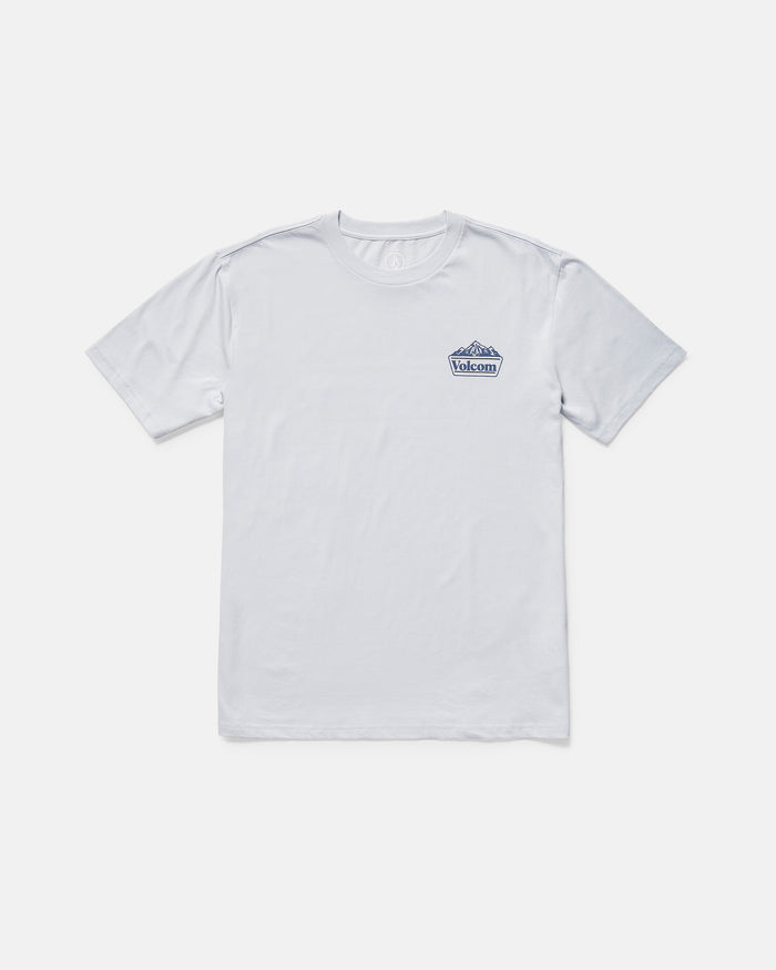 The Volcom Men's Topas Short Sleeve Tee is a classic fit white organic cotton t-shirt featuring a small blue and gray Volcom logo on the left chest, shown laid flat against a plain white background.