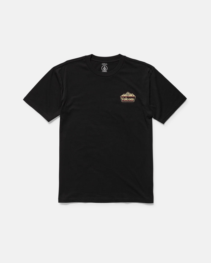 The Men's Topas Short Sleeve Tee by Volcom is a classic fit, black tee with a small brown and white Volcom logo on the left chest, crafted from soft organic cotton and displayed on a white background.