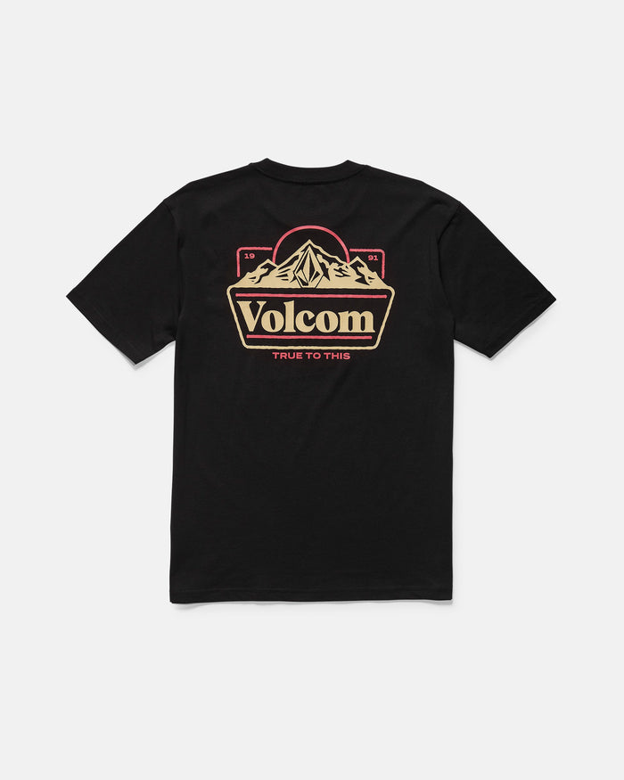 The Men's Topas Short Sleeve Tee by Volcom is a black classic-fit tee featuring a large mountain graphic with bold tan and red "Volcom" text and "True To This" on the back.