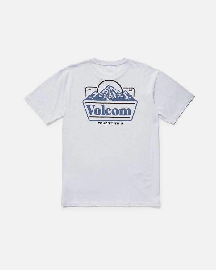 The Men's Topas Short Sleeve Tee by Volcom is a white classic fit with short sleeves, showcasing a large mountain graphic, Volcom branding, and "True To This" in blue text on the back.