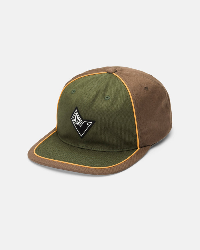 Showcased against a plain white background, the Volcom Men's V Line Adjustable Hat features a green and brown cotton twill design with yellow trim and a distinctive black and white geometric logo on the front panel.