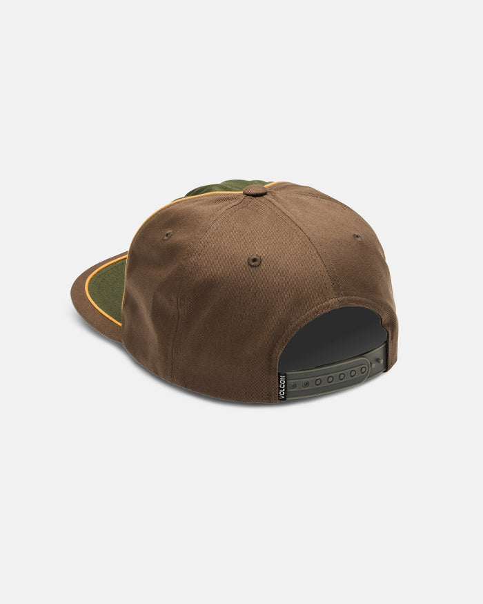 A rear view of the Volcom Men's V Line Adjustable Hat in brown and olive green, displaying its dark green adjustable plastic strap, cotton twill brown fabric panels, and a yellow accent line along the brim edge, set against a plain white background.