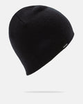 The Men’s V.Co Skull Beanie by Volcom is a classic black acrylic knit beanie, featuring a small black side tag with the Volcom brand name, displayed against a clean white background.