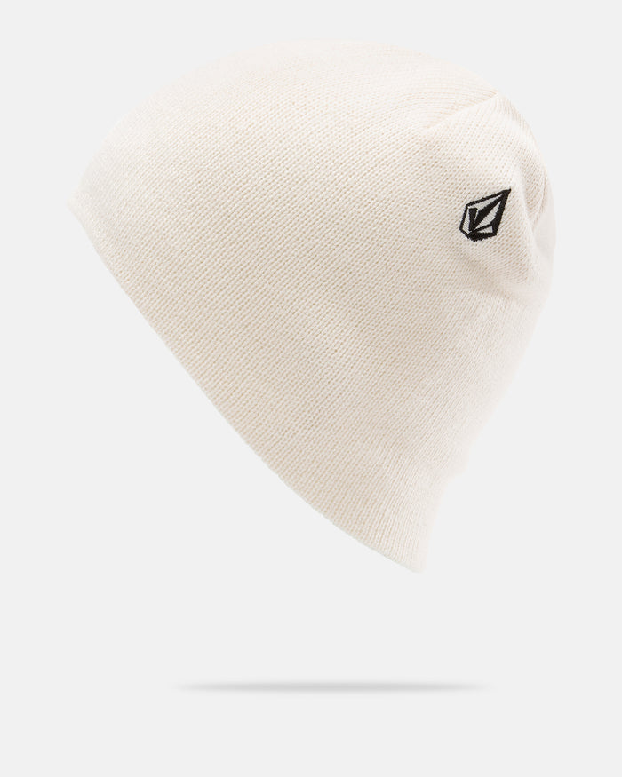 The Men’s V.Co Skull Beanie by Volcom is a plain off-white acrylic knit hat featuring a small black geometric Volcom logo embroidered on the side, shown against a light gray background.