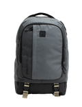 The Volcom Men's Venture Backpack features a gray design with a black bottom, front pocket, side zippers, and beige buckle straps. A small black logo patch accents the upper front. With a 22L capacity and padded laptop sleeve, this backpack offers a simple and functional style ideal for everyday use.