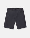Men's Venture Stone Hybrid Shorts by Volcom in dark gray, made from recycled-poly fabric. These knee-length shorts feature a waistband with belt loops, a front button closure, and an angled side pocket on the left leg. Shown on a plain white background.