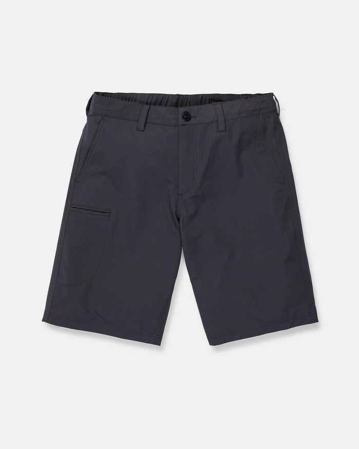 Men's Venture Stone Hybrid Shorts by Volcom in dark gray, made from recycled-poly fabric. These knee-length shorts feature a waistband with belt loops, a front button closure, and an angled side pocket on the left leg. Shown on a plain white background.