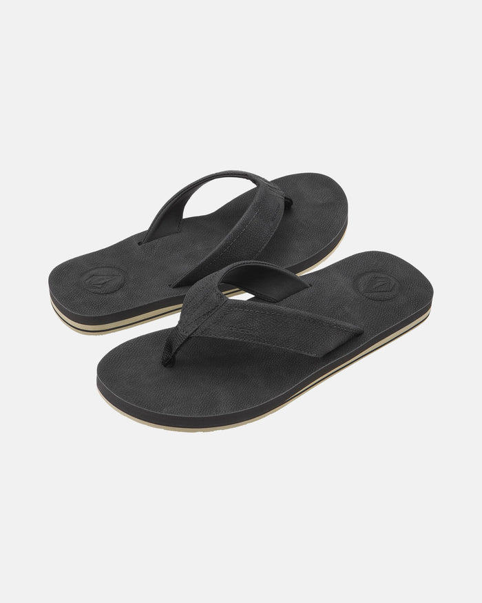 A pair of Men's Victor Sandals LX by Volcom in black, featuring textured straps and soles, displayed on a plain white background at an angle to show both the top and side views. Water-friendly design.