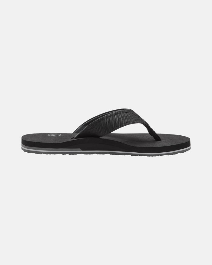 The Volcom Men's Victor Sandals feature a black, water-friendly design with a textured flat sole and Recliner Comfort Foam, plus a simple thong strap. Shown in side profile on a white background.