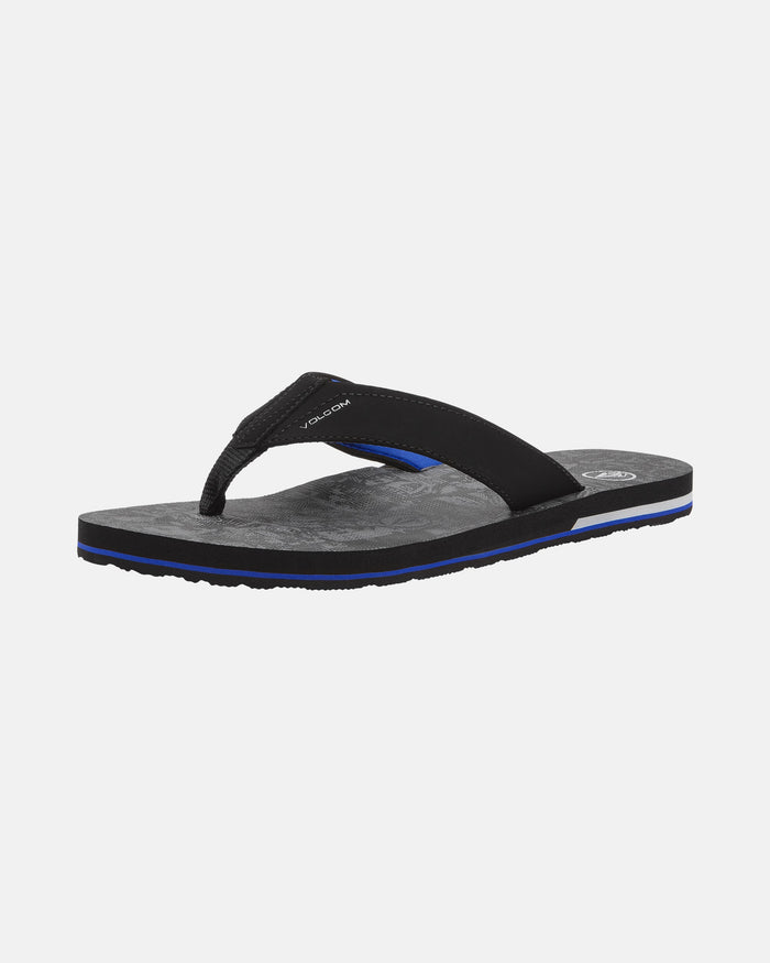 The Volcom Men's Victor Sandals feature a black design with a fabric thong strap, cushioned Recliner Comfort Foam sole, and blue edge accent. Water-friendly, they're shown on a plain white background.
