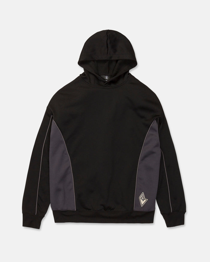The Volcom Men’s Vital Hydro Pullover Hoodie is a black hoodie featuring dark gray side panels, long sleeves, and a small white geometric logo on the lower left front.