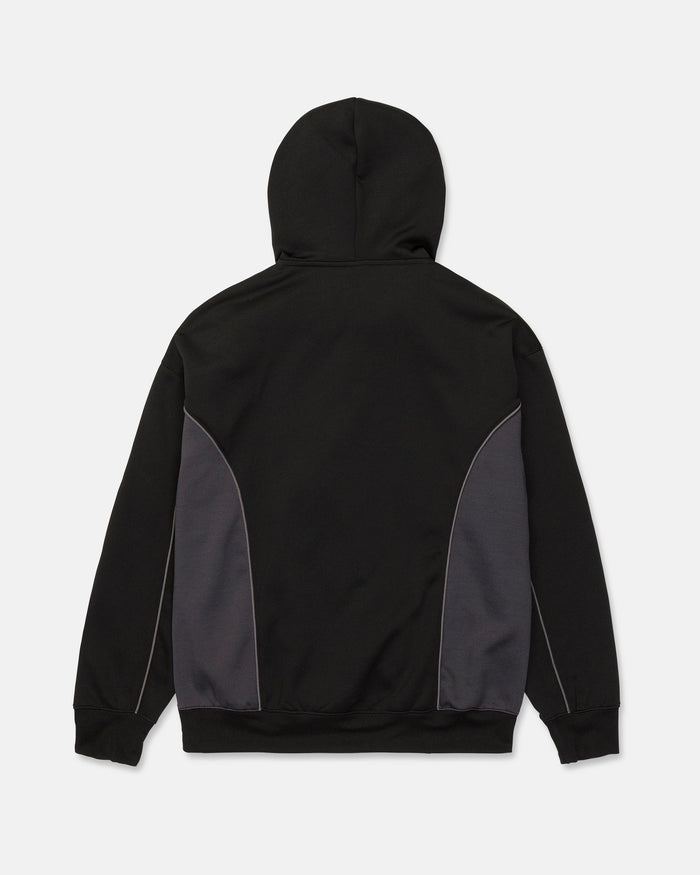 A back view of the Volcom Men’s Vital Hydro Pullover Hoodie in black, showcasing dark gray side panels and gray piping along the seams against a plain white background.