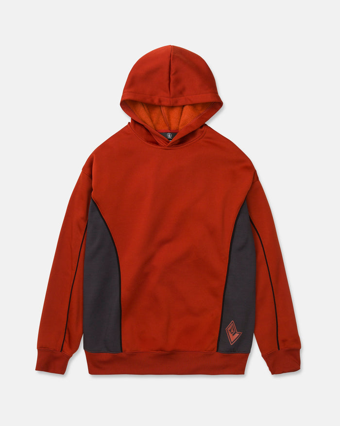Introducing the Men’s Vital Hydro Pullover by Volcom: a red hydrophobic fleece hoodie featuring black side panels and a subtle Volcom Stone logo on the lower left front, showcased against a white background.
