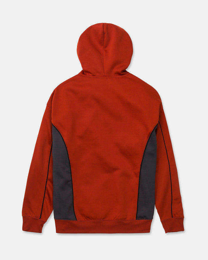 The Volcom Men’s Vital Hydro Pullover is a red hydrophobic fleece hoodie with long sleeves and dark gray side panels, offering superior comfort and moisture resistance, displayed from the back on a plain white background.