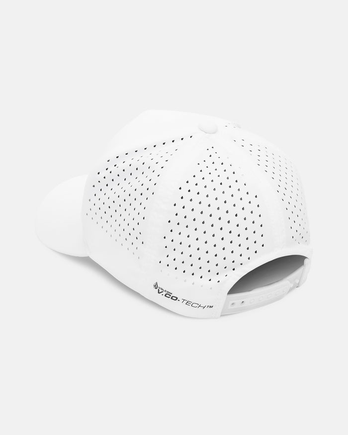 A Men's Volcom Vent Delta Adjustable Hat in white, featuring a 5-panel fit, ventilation holes, snapback closure, and OO-TECH™ branding near the back. Displayed from the rear on a plain white background. Brand: Volcom.