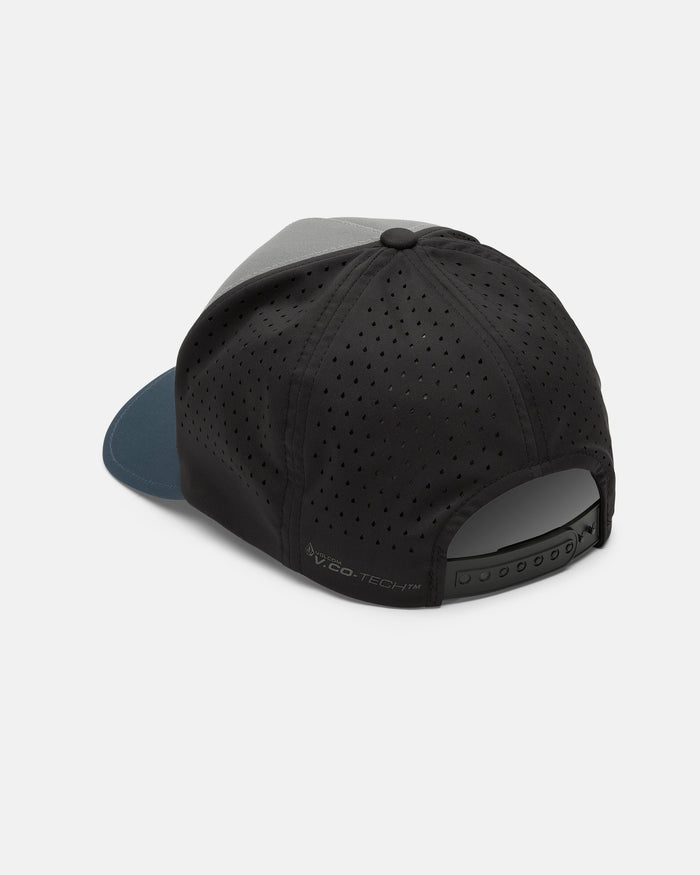 The Men's Volcom Vent Delta Adjustable Hat by Volcom is shown from the back, featuring a black and gray perforated design with a blue brim. This water-repellent baseball cap has an adjustable snapback closure and displays V.CO-TECH branding near the edge.