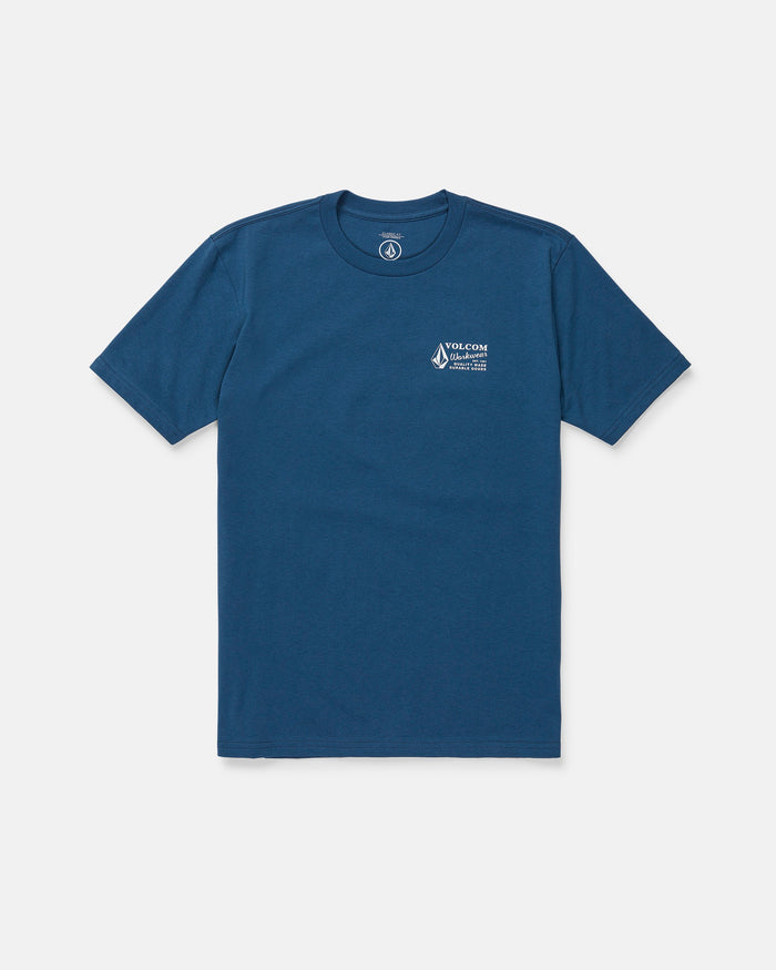 A Men's Volcom Workwear Short Sleeve Tee, made from heavy-weight cotton in plain blue, featuring a small white Volcom Workwear logo and text on the left chest, displayed flat on a white background.