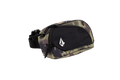 The Volcom Men's Waisted Pack is a camouflage and black waist bag with a white logo on the front pocket. It features black adjustable straps and zipper closures, making it the perfect hands-free option for outdoor adventuring. The product is displayed on a plain white background.