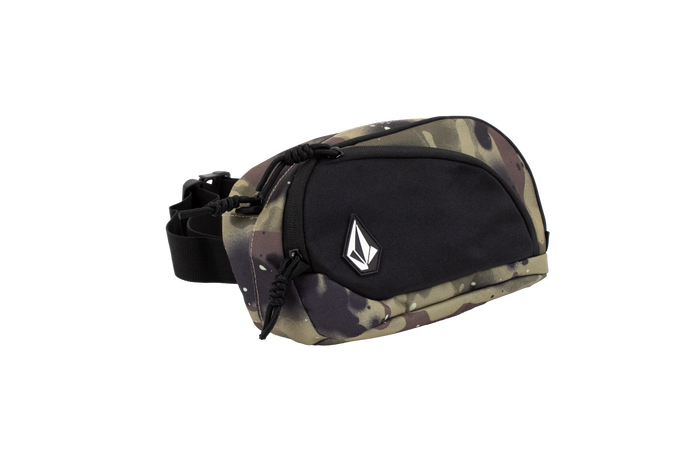 The Volcom Men's Waisted Pack is a camouflage and black waist bag with a white logo on the front pocket. It features black adjustable straps and zipper closures, making it the perfect hands-free option for outdoor adventuring. The product is displayed on a plain white background.