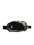 A Volcom Men's Waisted Pack in camouflage and black, featuring a white geometric logo on the front pocket, is displayed against a plain white background. This hands-free bag combines style and convenience for your everyday adventures.