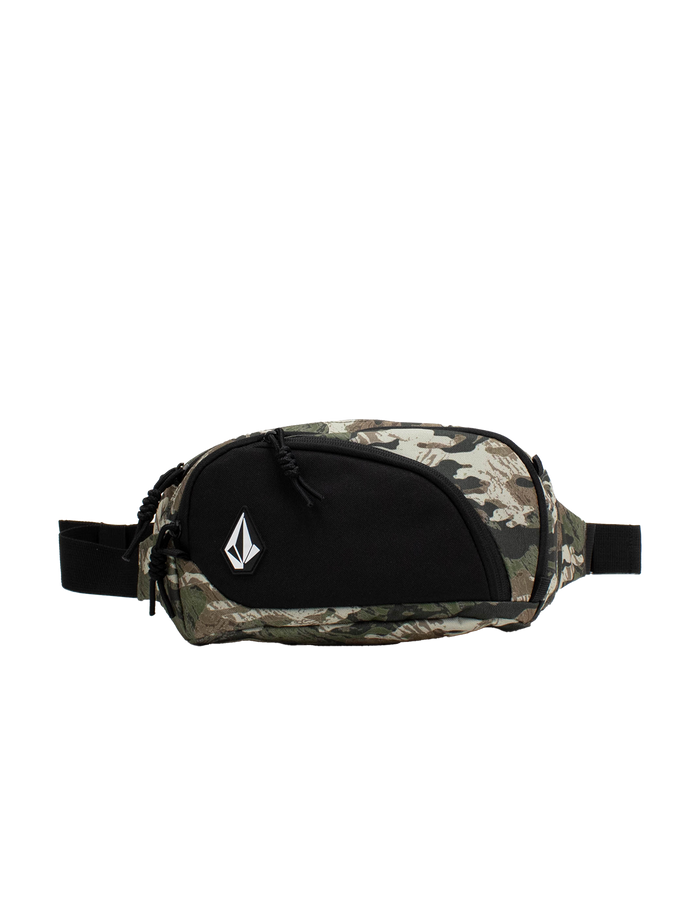 A Volcom Men's Waisted Pack in camouflage and black, featuring a white geometric logo on the front pocket, is displayed against a plain white background. This hands-free bag combines style and convenience for your everyday adventures.