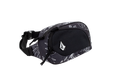 The Volcom Men's Waisted Pack features a black and gray design with white abstract leaf patterns, a front zipper pocket, side buckle strap, and a white geometric Volcom logo on the front—ideal for hands-free outdoor adventures.