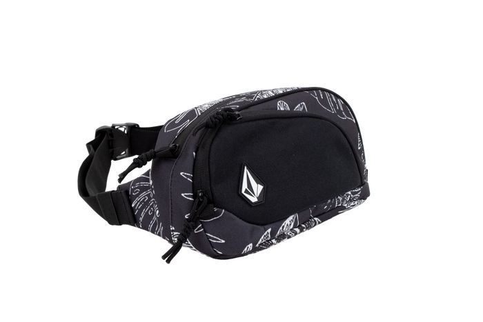 The Volcom Men's Waisted Pack features a black and gray design with white abstract leaf patterns, a front zipper pocket, side buckle strap, and a white geometric Volcom logo on the front—ideal for hands-free outdoor adventures.