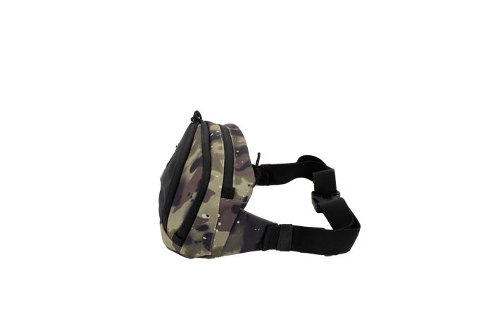 Side view of the Volcom Men's Waisted Pack, featuring a camouflage pattern with a black adjustable strap and zipper closure, ideal for hands-free outdoor adventures, set against a plain white background.