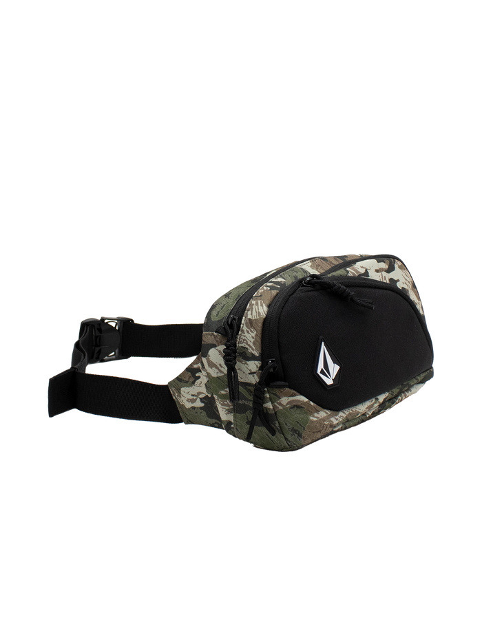The Men’s Waisted Pack by Volcom features a camouflage and black design, a front zip pocket, adjustable strap, and a bold white geometric Volcom logo on the front—making it the perfect stylish hands-free bag for everyday adventures.