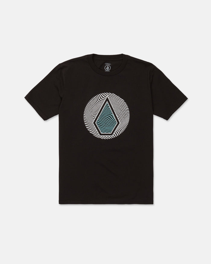 The Volcom Men's Wave Stone Short Sleeve Tee features a circular geometric design with a blue diamond set over black and white wavy lines at the center. Crafted from premium ring spun cotton, this classic fit t-shirt combines comfort with style.
