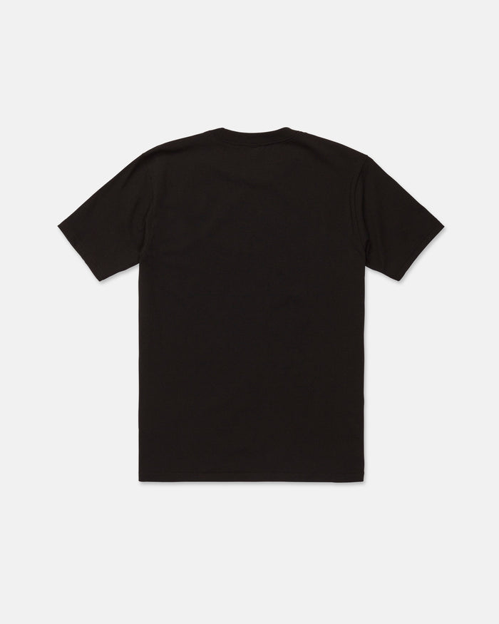 A classic fit Volcom Men's Wave Stone Short Sleeve Tee in plain black, laid flat and shown from the back against a white background.
