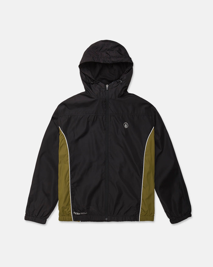 Introducing the Volcom Men's Wavestone Jacket: a black hooded jacket with olive green side panels, highlighted by white piping accents and a front zipper. It features elastic cuffs, a mesh-lined hood for enhanced breathability, and is finished with a small circular Volcom logo on the left chest. Shown against a plain white background.