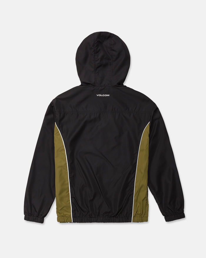 Back view of the Men's Wavestone Jacket by Volcom, a black hooded jacket featuring olive green side panels, white piping accents, elastic cuffs, a mesh-lined hood for enhanced breathability, and a small VOLCOM logo on the upper back.