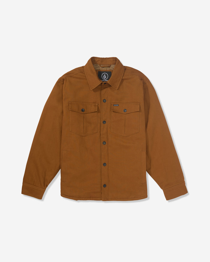 The Volcom Men's Westmead Jacket is a brown button-up shirt jacket with two chest pockets and black buttons, shown on a plain white background.