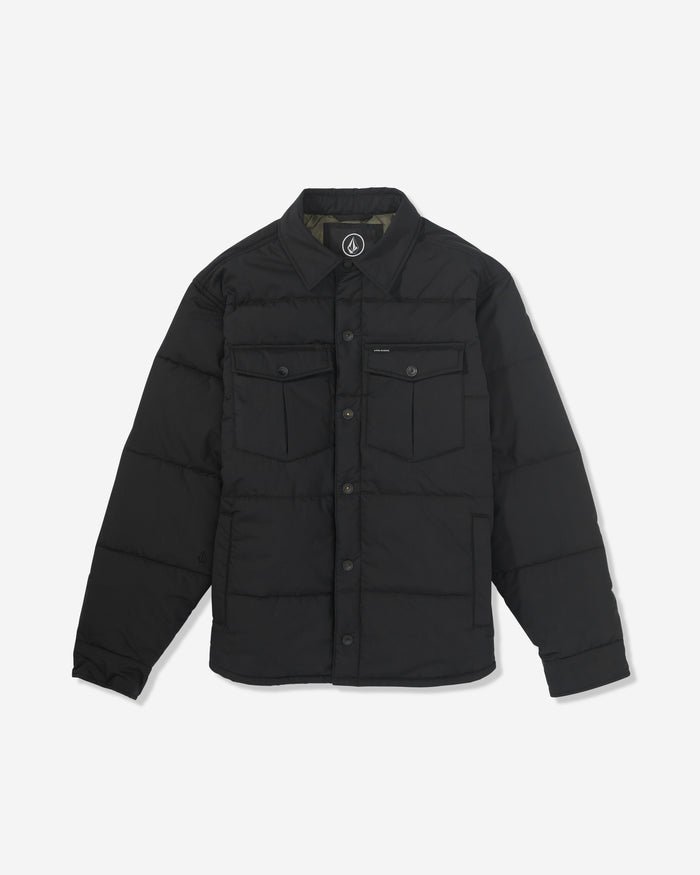 The Volcom Men's Westmead Quilted Jacket features a black quilted design, button-up front, collar, long sleeves, and two buttoned chest pockets, shown laid flat on a white background.