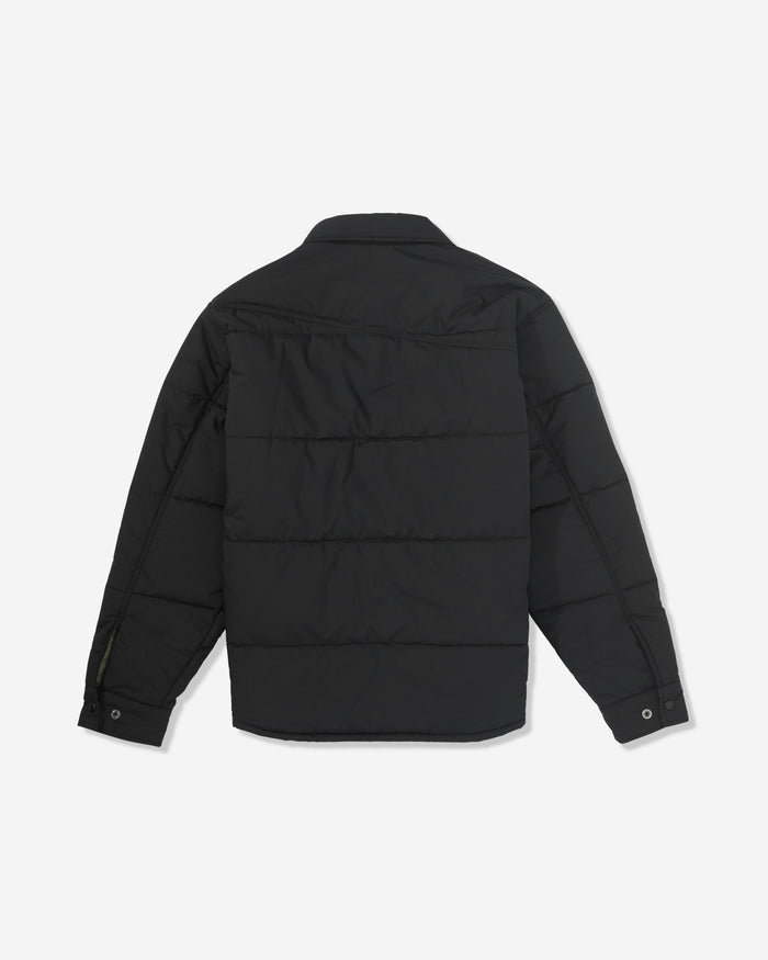The Volcom Men's Westmead Quilted Jacket in black features long sleeves, horizontal stitching, a collar, and buttoned cuffs, shown from the back against a plain white background.
