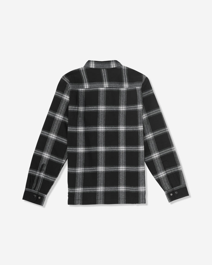 The Volcom Men's Wilderstone Long Sleeve, shown in black and white plaid with its back up, is a cotton woven shirt featuring a collar and buttoned cuffs—perfect for any occasion.