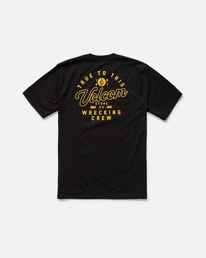 The Volcom Men's Wrecking Short Sleeve Tee features yellow "True To This, Volcom Stone Co. Brand, Wrecking Crew" graphics on the back in bold and script fonts. Made from 100% cotton for a classic fit.