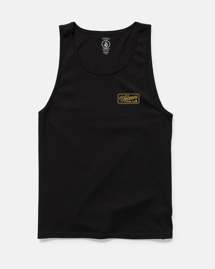 The Men's Wrecking Tank by Volcom is a black, classic-fit, sleeveless top made from 100% cotton. It showcases a small gold and white Volcom Stone Co. logo on the upper left chest and is displayed flat on a white background.