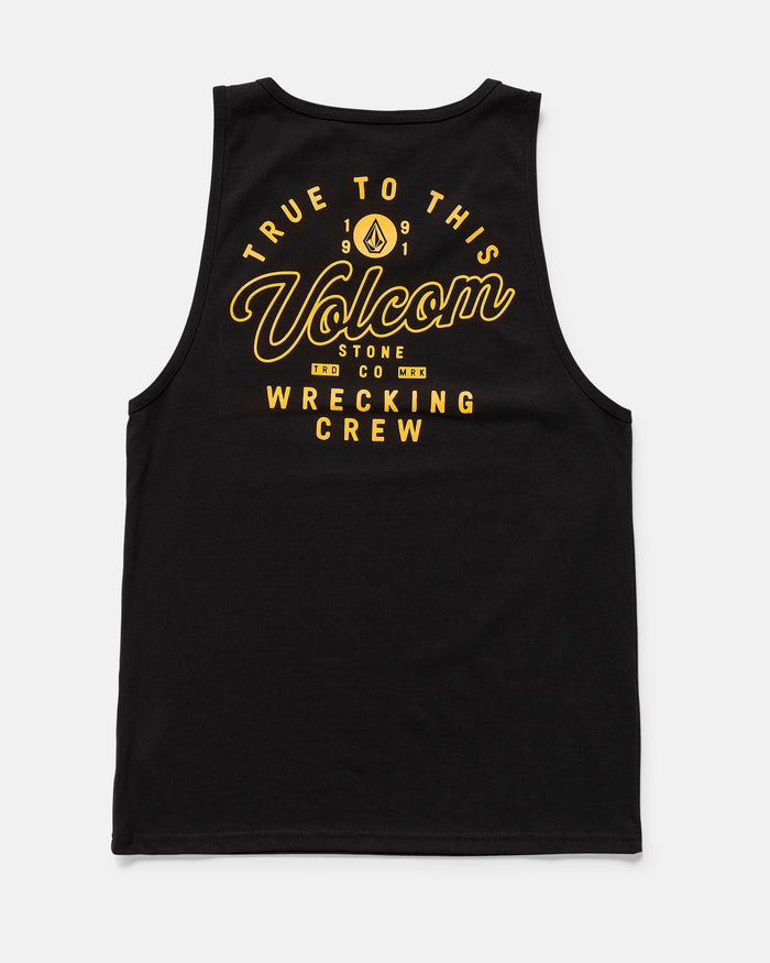 The Men's Wrecking Tank by Volcom is a black, 100% cotton tank top with bold yellow retro graphic text on the back, classic fit, and everyday comfort.