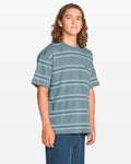 Person wearing a striped t-shirt on a white background