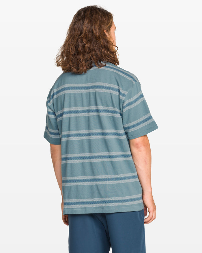 Person wearing a blue striped shirt and pants on a white background