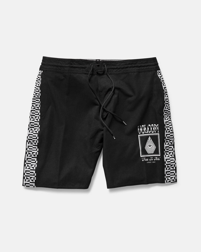 The Volcom Men's Yewster Loose Stoney boardshorts feature a drawstring waist, geometric side stripes, and white graphics on the left leg. Made with REPREVE recycled fibers for sustainability. Shorts shown laid flat on a plain background.
