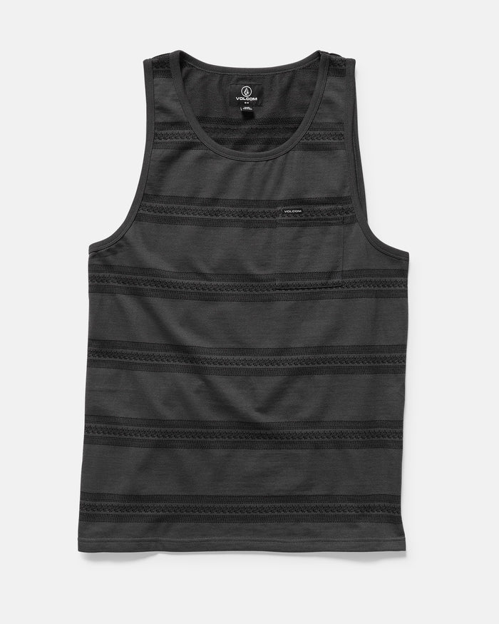The Volcom Men's Yewster Tank is a modern-fit, sleeveless black top with horizontal jacquard stripes, a left chest pocket, and is made from 240gsm cotton. Laid flat on a white background.