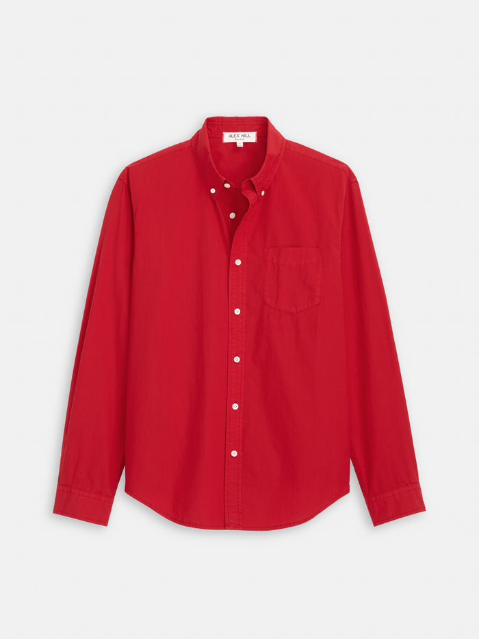 The Mill Shirt in Cotton Poplin is a men’s long-sleeve, button-down red shirt with a single chest pocket, crafted from 100% cotton and shown flat on a white background.