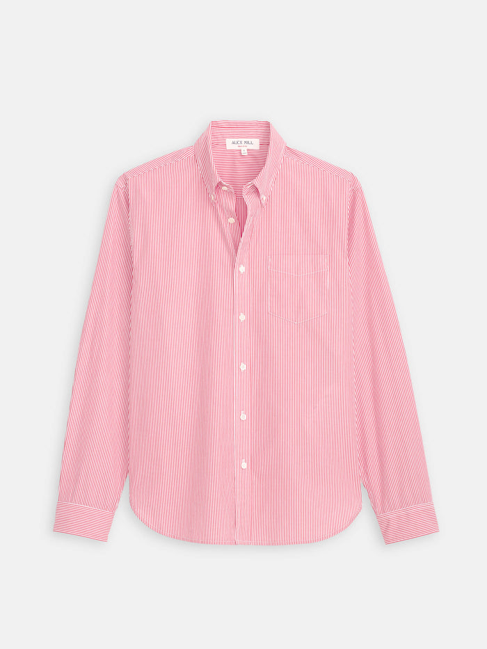 The Mill Striped Shirt in Cotton Poplin is a long-sleeved, collared shirt with thin vertical red and white stripes, a chest pocket, and 100% cotton fabric—perfect for any occasion. Displayed on a plain white background.