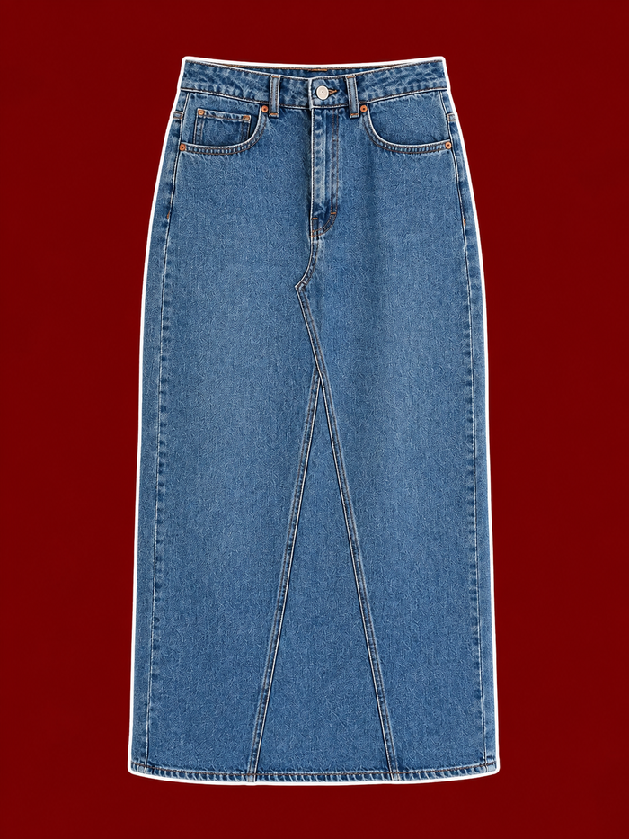 MNG Medium-Wash Denim Maxi Skirt