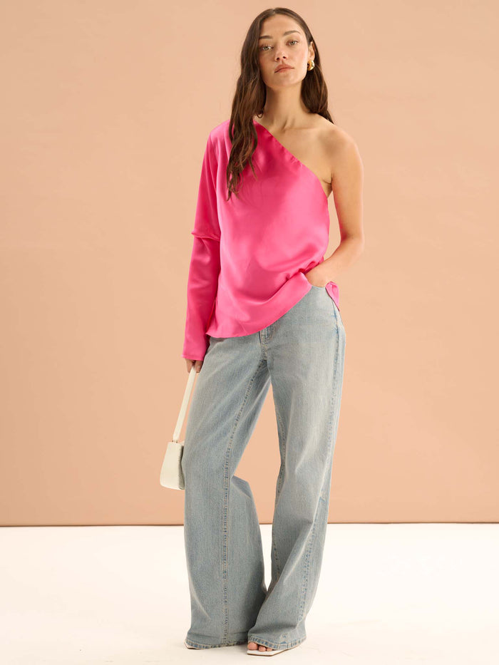 Natalia One Shoulder Satin Top in Cerise
