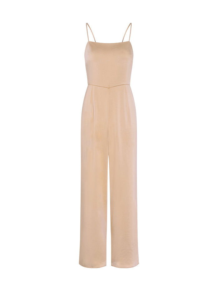 strappy jumpsuit in gold with tie back detail